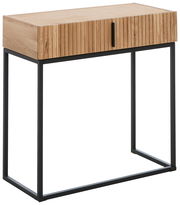 Moderner Konsolentisch aus Holz mit schwarzem Metallgestell, seitliche Perspektive