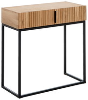 Moderner Konsolentisch aus Holz mit schwarzem Metallgestell, seitliche Perspektive