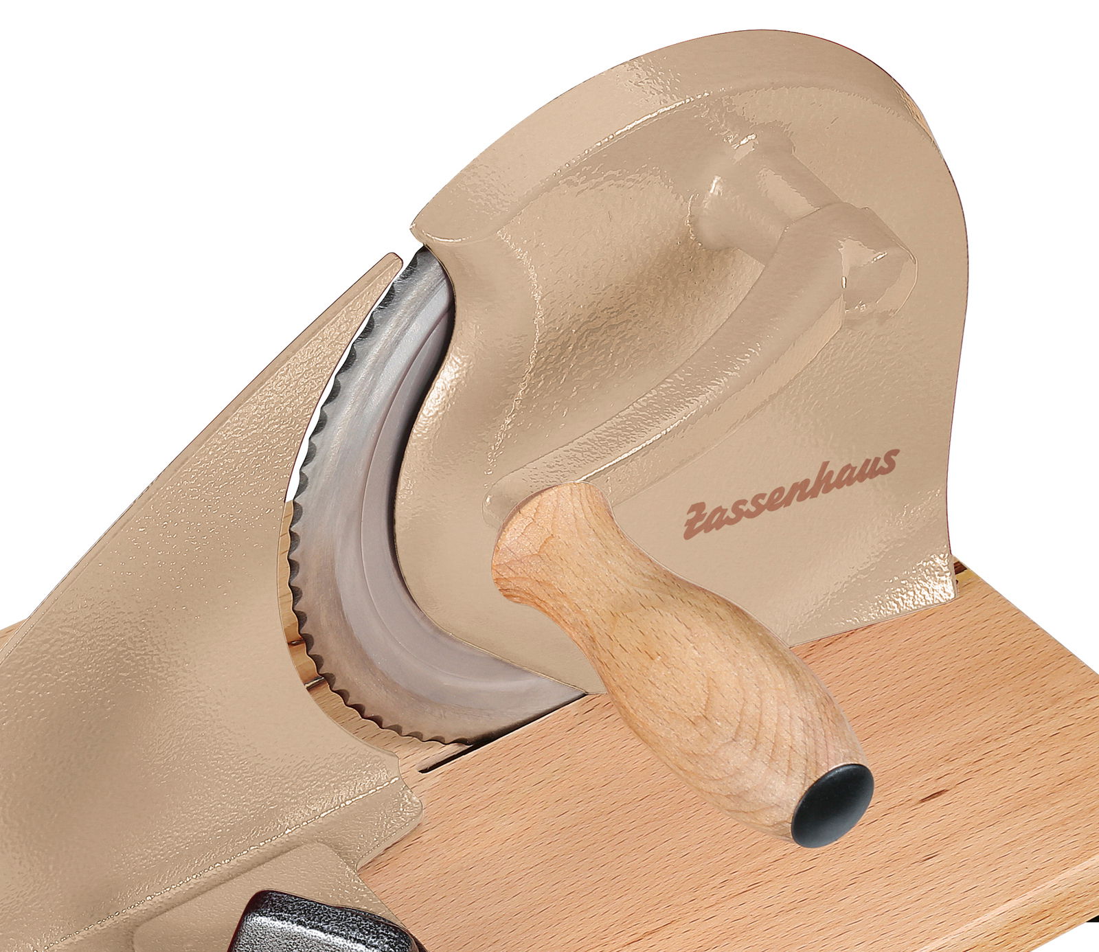 Brotschneidemaschine in Taupe mit Holzgriff, seitliche Perspektive