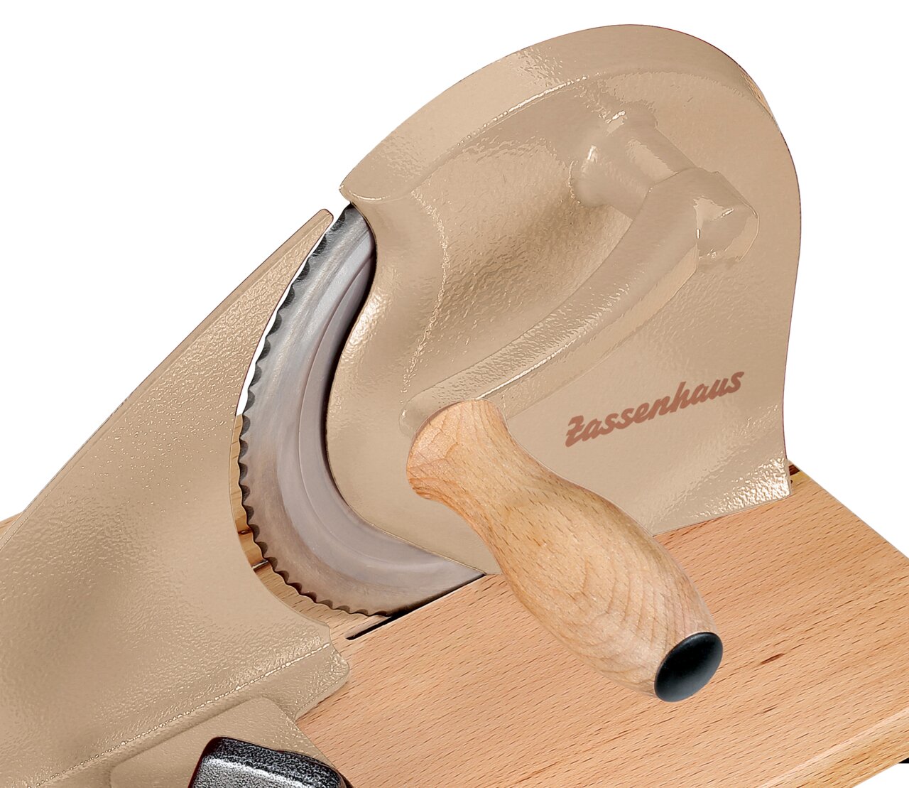 Brotschneidemaschine in Taupe mit Holzgriff, seitliche Perspektive
