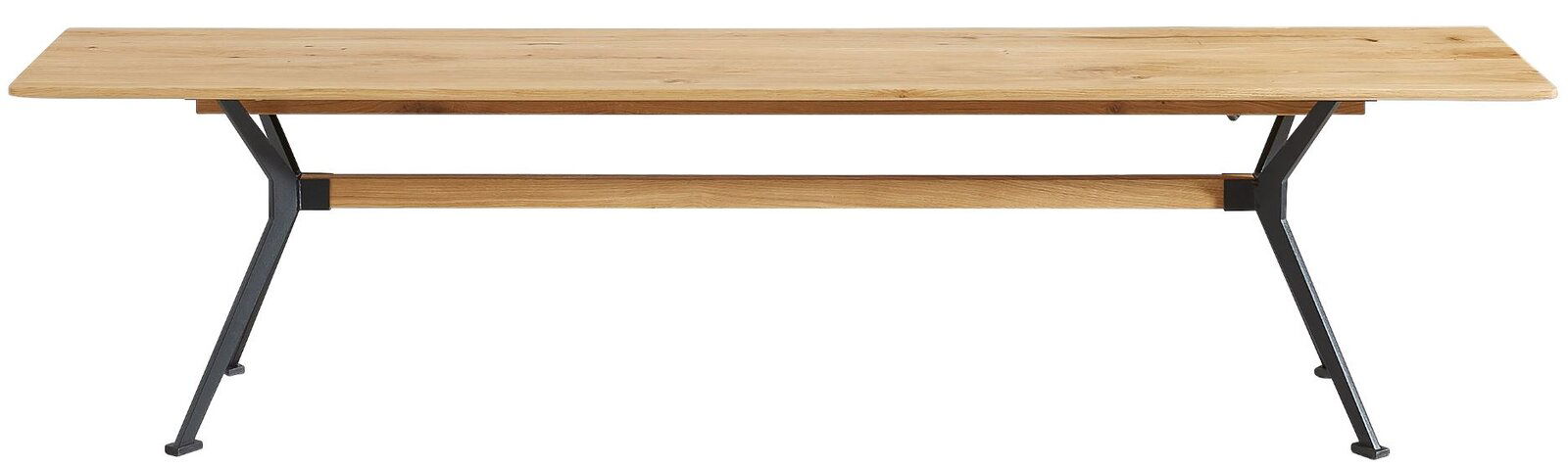 Sitzbank aus Holz mit Metallbeinen, seitliche Perspektive