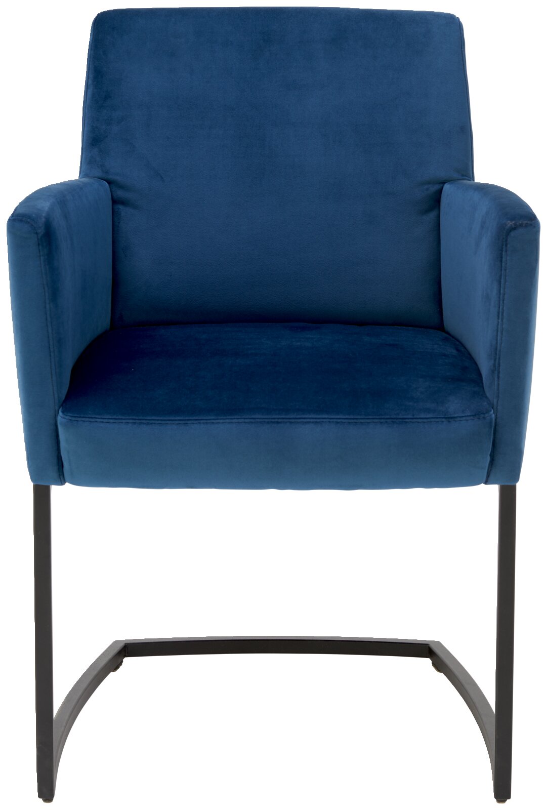 Swingstoel in blauw met armleuningen, vooraanzicht