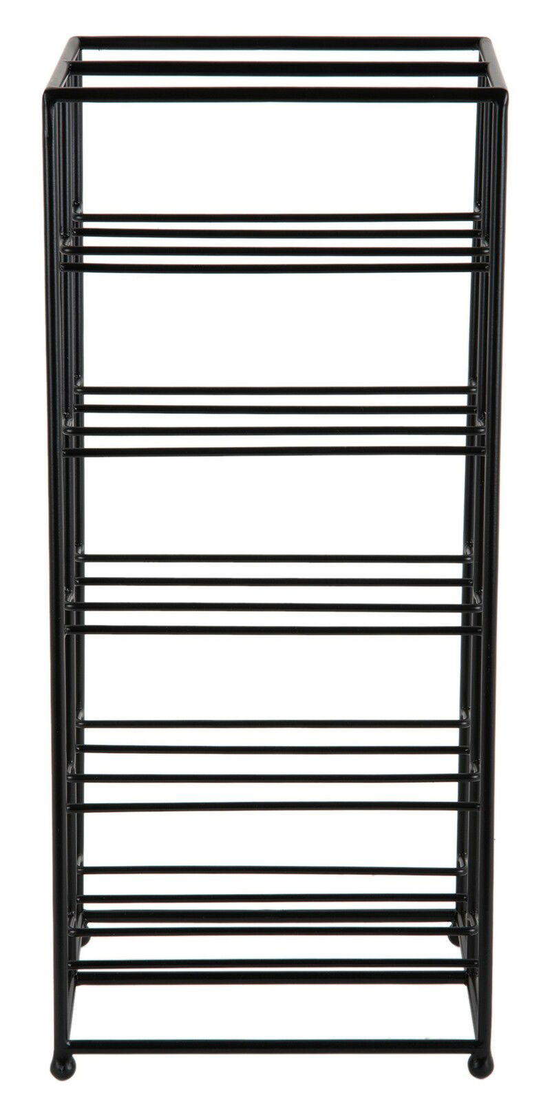 Schwarzes Weinregal aus Metall mit mehreren Ebenen, frontal fotografiert.