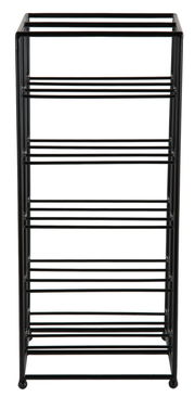 Schwarzes Weinregal aus Metall mit mehreren Ebenen, frontal fotografiert.