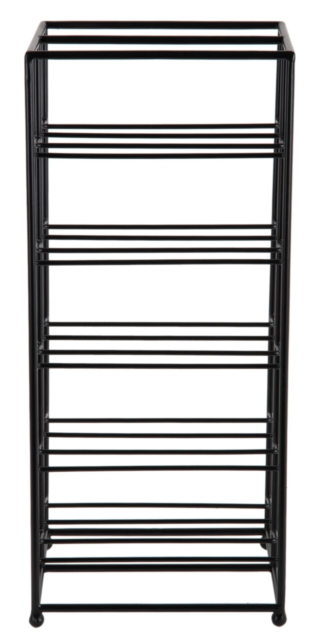 Schwarzes Weinregal aus Metall mit mehreren Ebenen, frontal fotografiert.