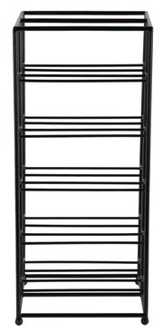 Schwarzes Weinregal aus Metall mit mehreren Ebenen, frontal fotografiert.