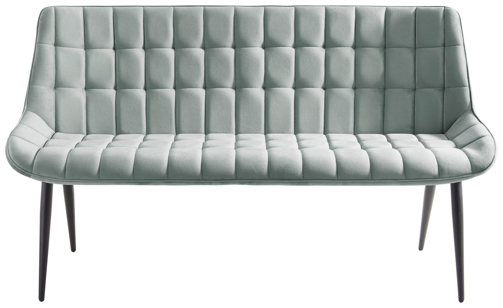 Elegante, hellgraue Bank mit gestepptem Polster und schlanken, schwarzen Beinen, Frontalansicht.