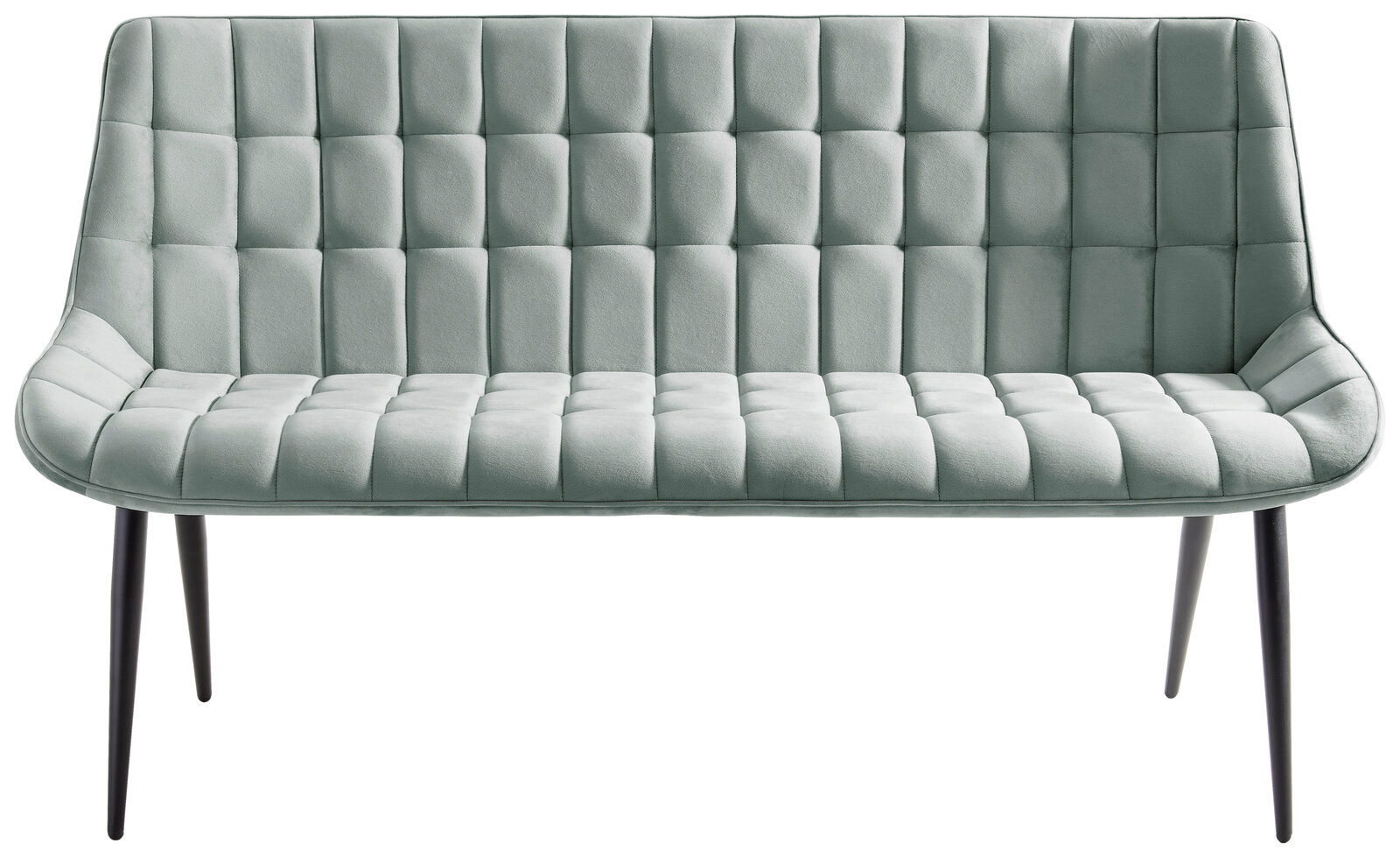 Elegante, hellgraue Bank mit gestepptem Polster und schlanken, schwarzen Beinen, Frontalansicht.