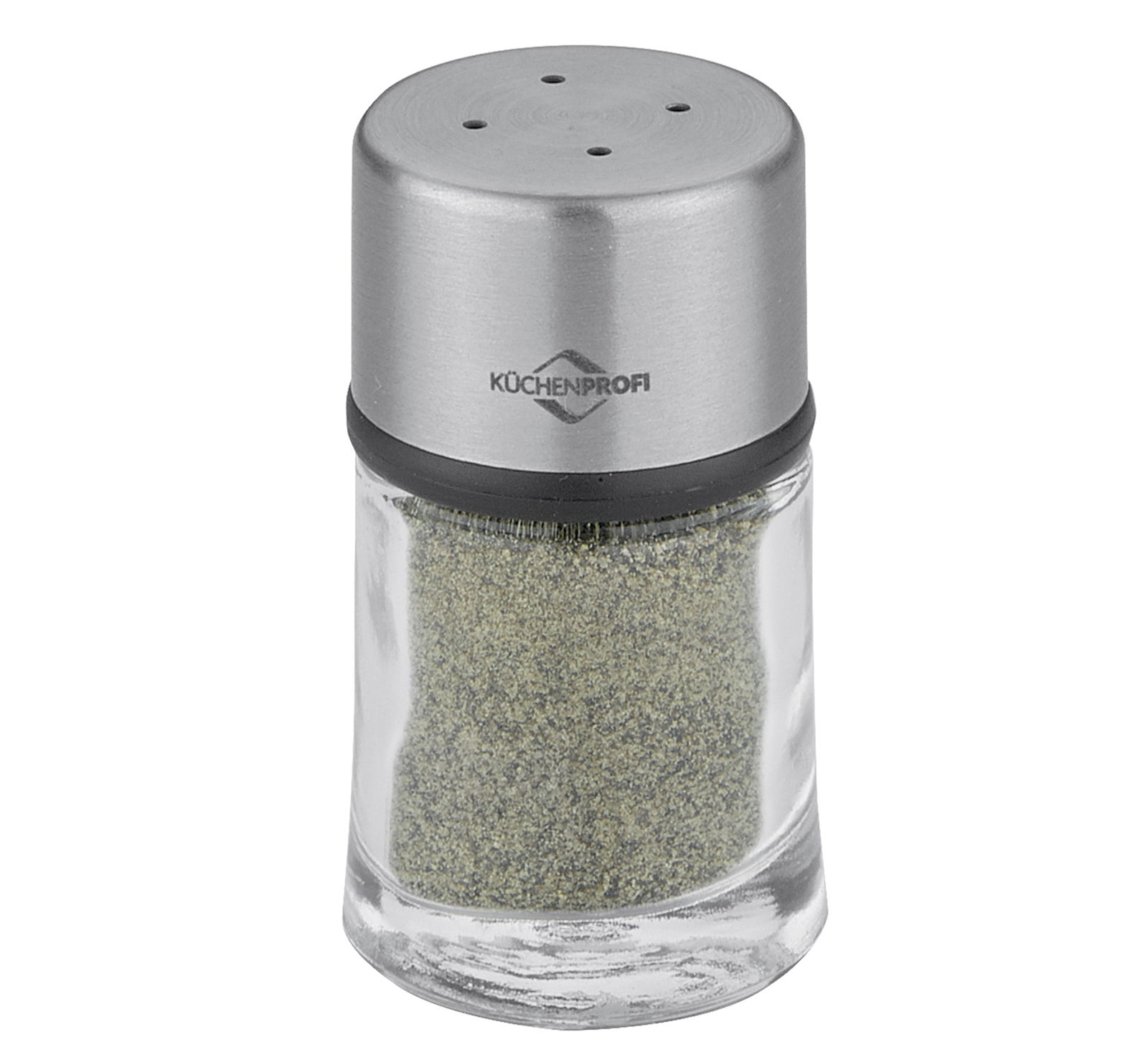 Pfefferstreuer aus Glas und Edelstahl, seitliche Ansicht