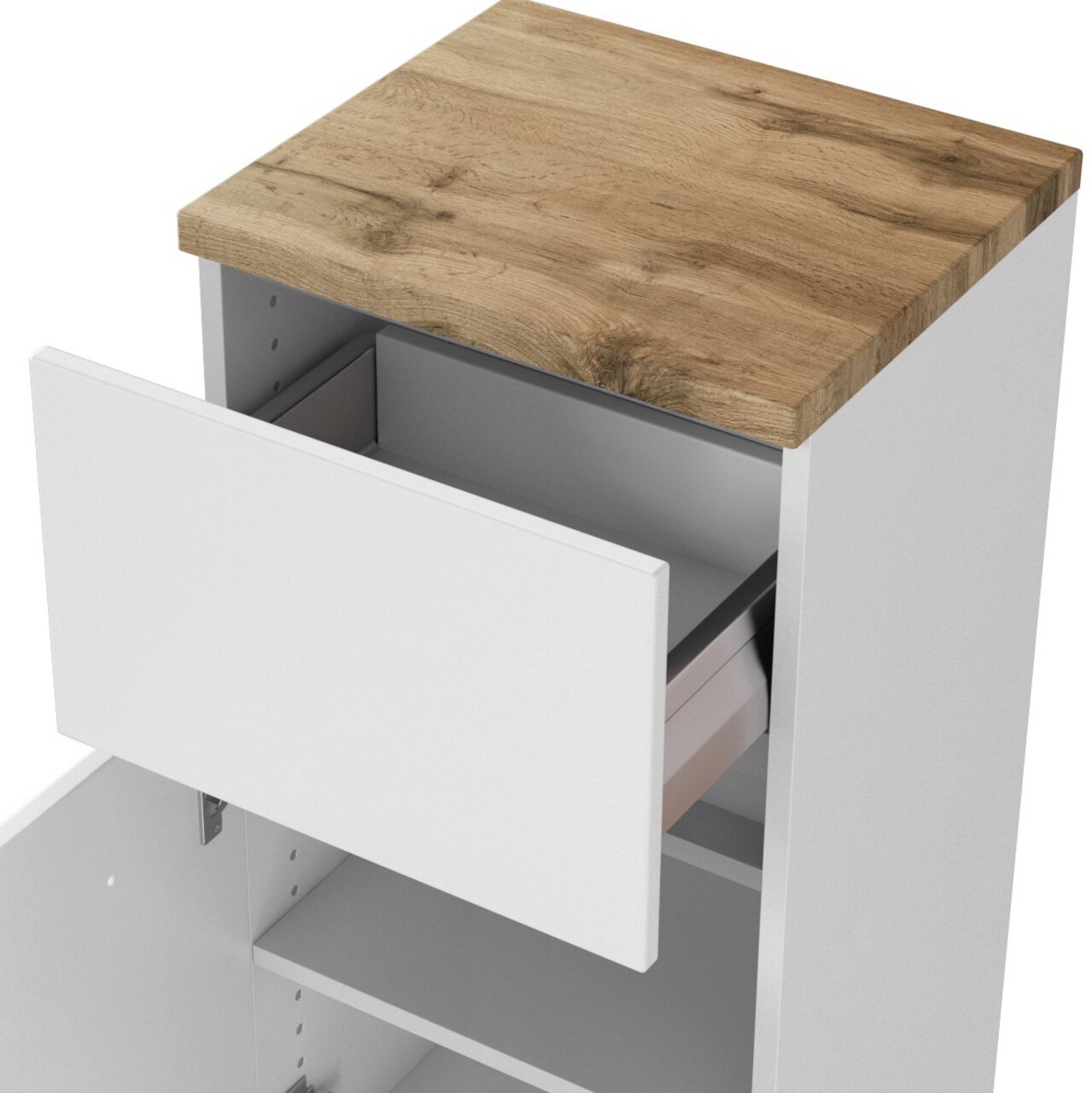 Onderkast met wit front en houten afwerking, open lade, bovenaanzicht