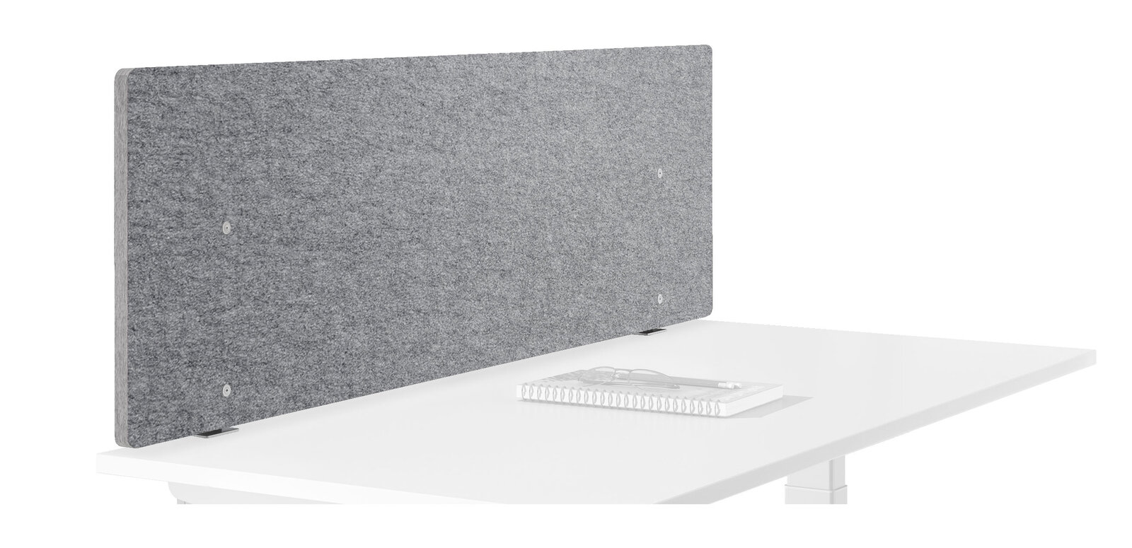 E-Serie Akustik-Trennwand E-PREMIUM Graue Akustik-Trennwand auf einem weißen Schreibtisch, seitliche Perspektive