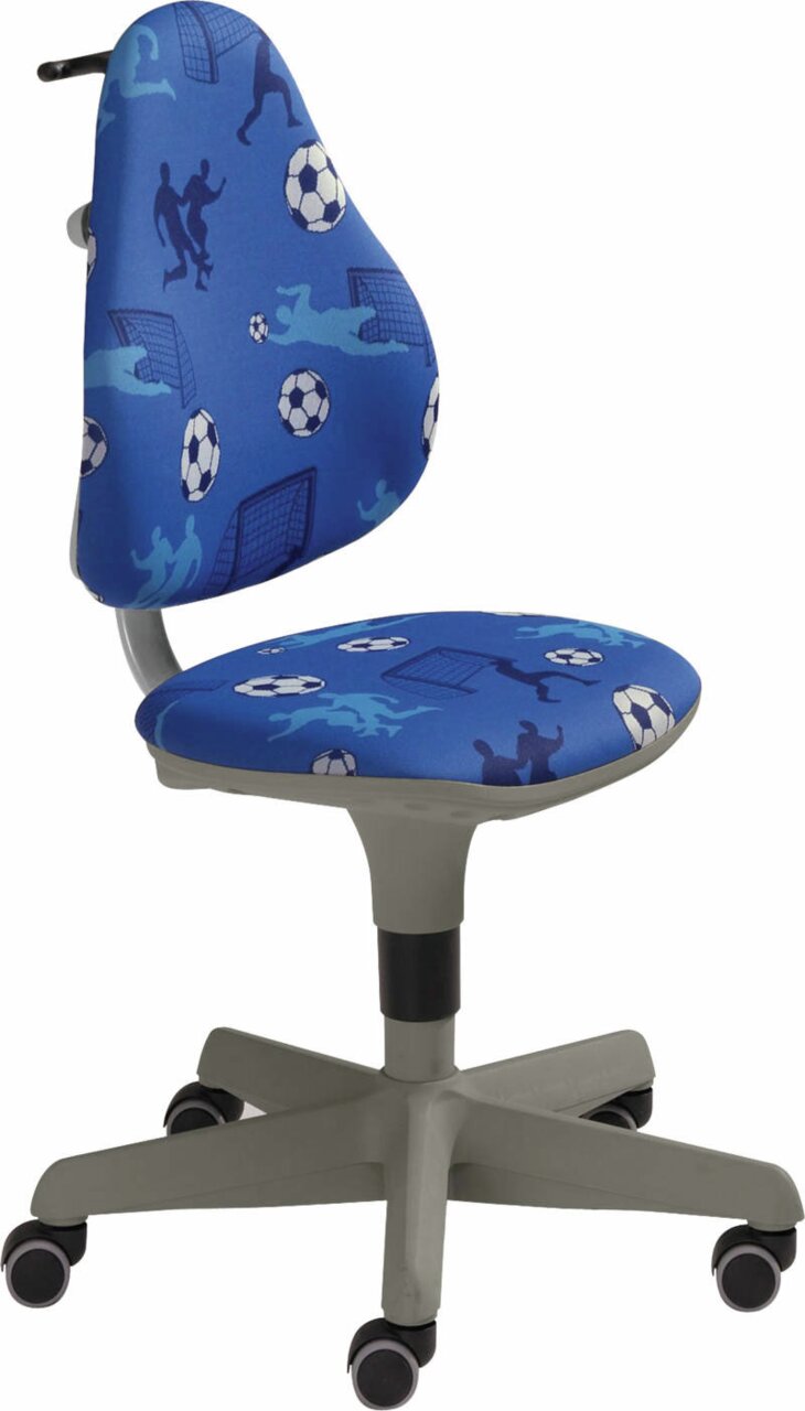 Jugenddrehstuhl mit blauem Fußballmotiv, seitliche Perspektive
