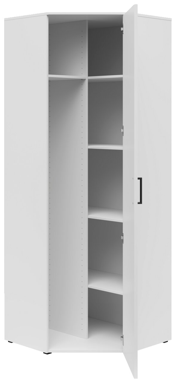 Weißer Eckschrank mit geöffneter Tür, zeigt mehrere Regalböden, perspektivisch von vorne rechts betrachtet.