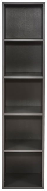 Schmales, hohes Aktenregal mit fünf offenen Fächern, frontal fotografiert.