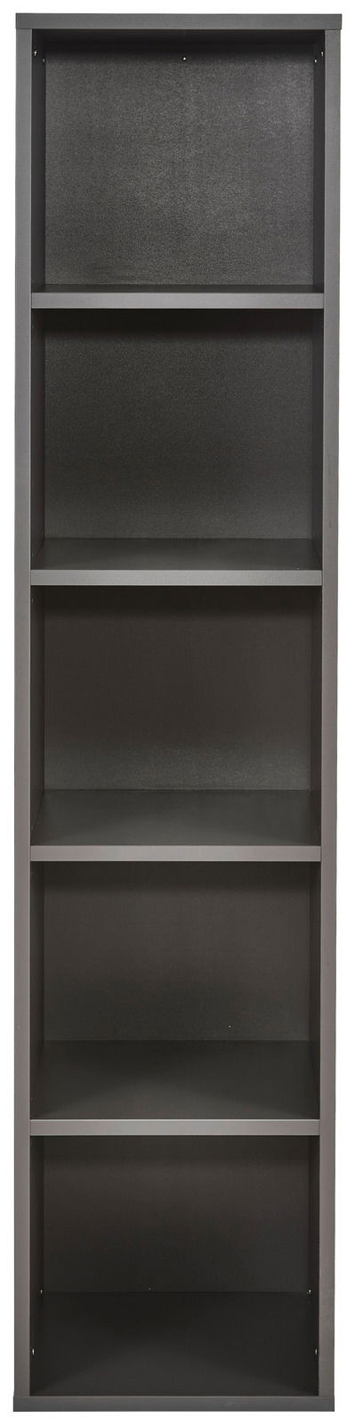 Schmales, hohes Aktenregal mit fünf offenen Fächern, frontal fotografiert.