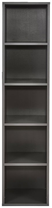 Schmales, hohes Aktenregal mit fünf offenen Fächern, frontal fotografiert.