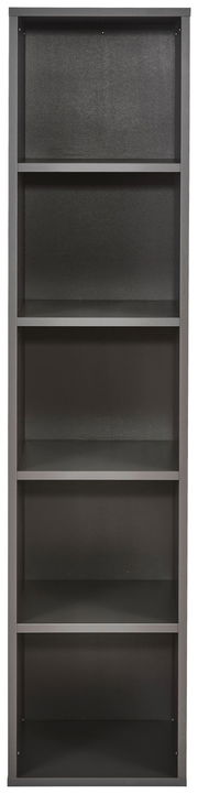 Schmales, hohes Aktenregal mit fünf offenen Fächern, frontal fotografiert.