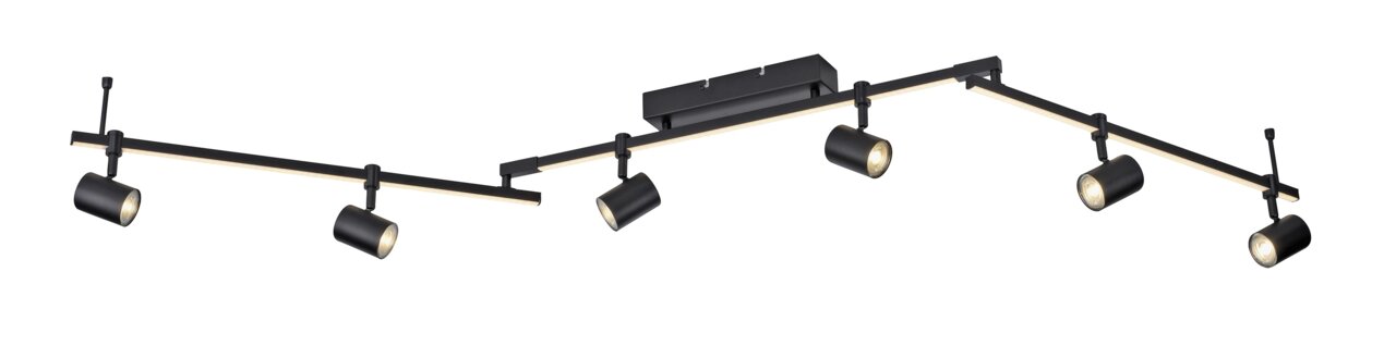 Moderne schwarze Deckenleuchte mit fünf verstellbaren Strahlern, seitliche Perspektive