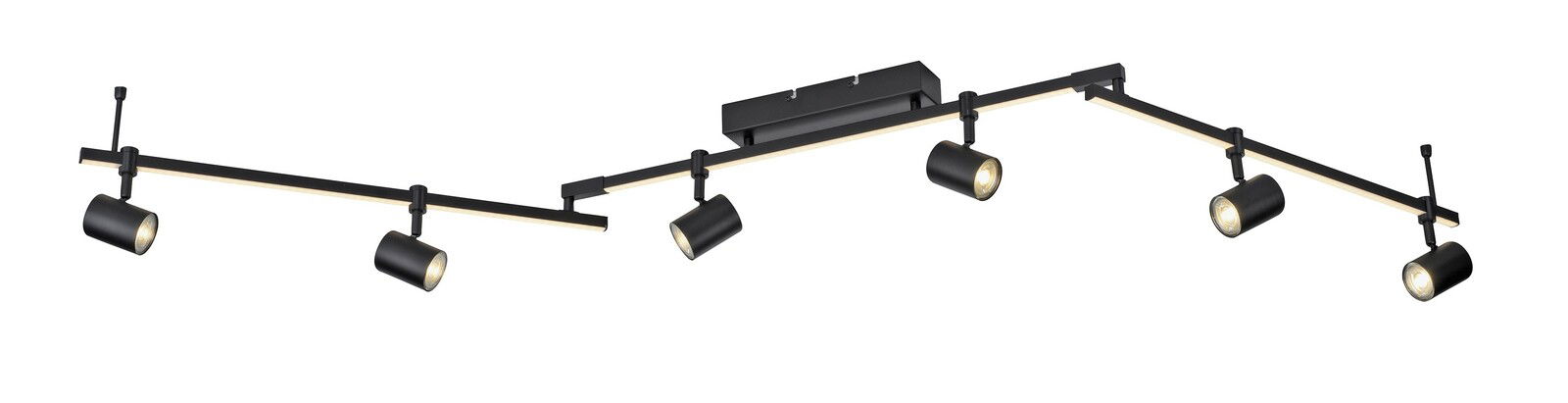 Moderne schwarze Deckenleuchte mit fünf verstellbaren Strahlern, seitliche Perspektive