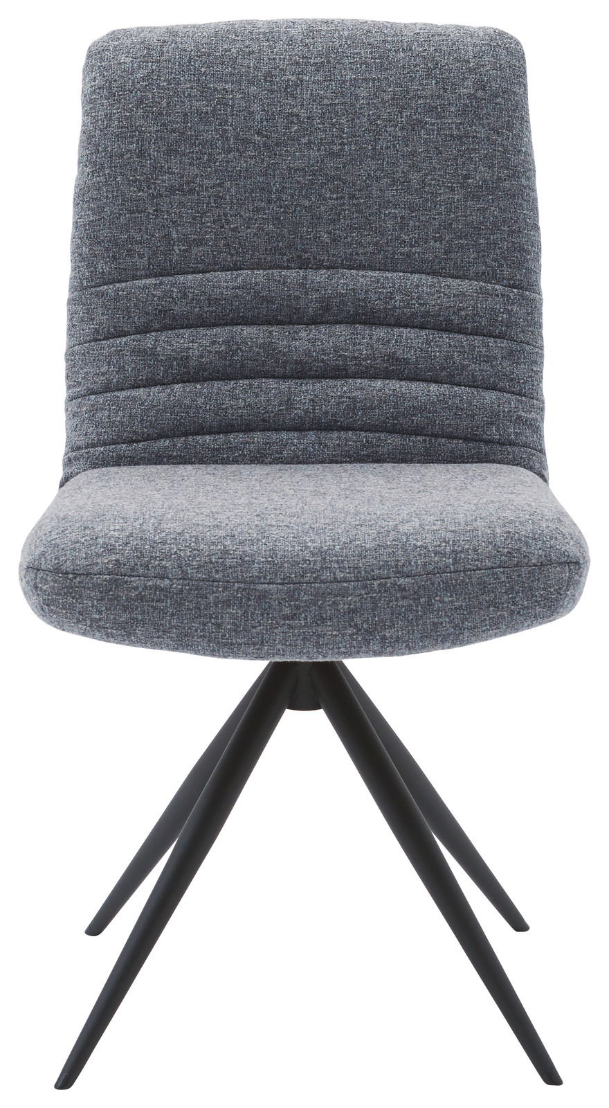 Moderner grauer Stuhl mit gepolsterter Rückenlehne und schwarzen Metallbeinen, Frontalansicht