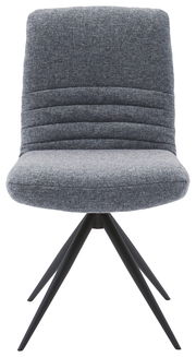 Moderner grauer Stuhl mit gepolsterter Rückenlehne und schwarzen Metallbeinen, Frontalansicht