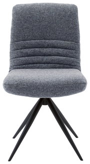 Moderner grauer Stuhl mit gepolsterter Rückenlehne und schwarzen Metallbeinen, Frontalansicht