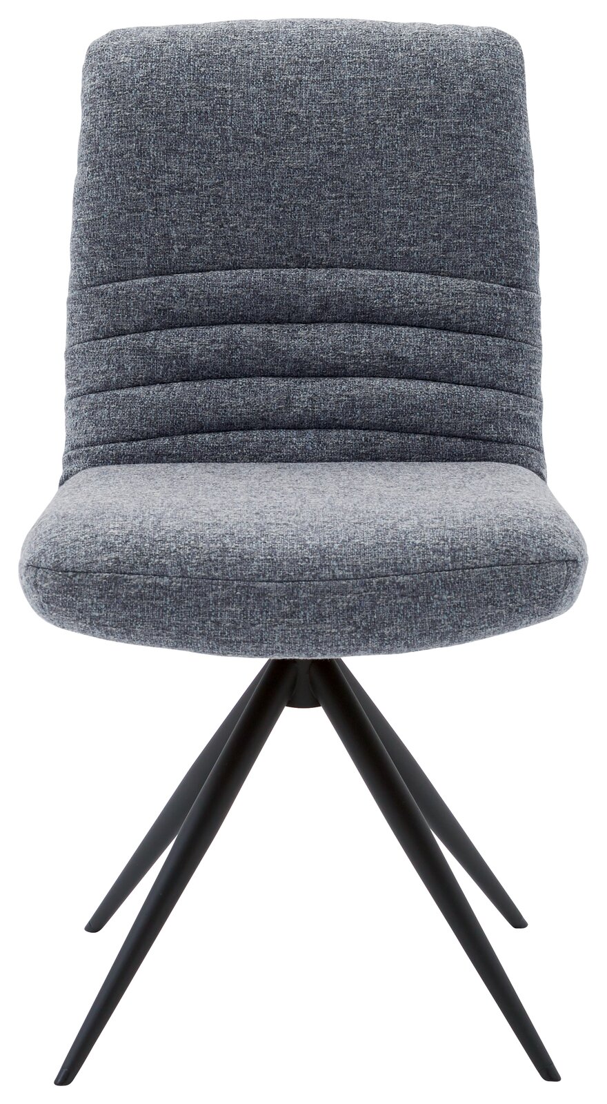 Moderner grauer Stuhl mit gepolsterter Rückenlehne und schwarzen Metallbeinen, Frontalansicht