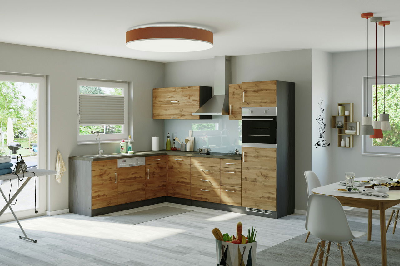 Held Möbel Eck-Küchenzeile SORRENTO Moderne Eck-Küchenzeile in Holzoptik mit Elektrogeräten, aus der Perspektive des Wohnzimmers betrachtet.