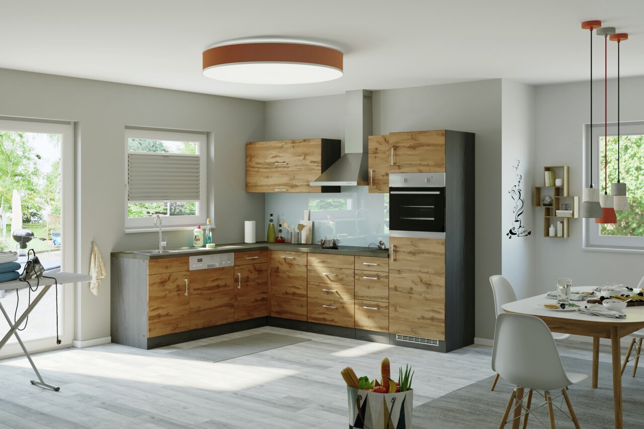 Held Möbel Eck-Küchenzeile SORRENTO Moderne Eck-Küchenzeile in Holzoptik mit Elektrogeräten, aus der Perspektive des Wohnzimmers betrachtet.