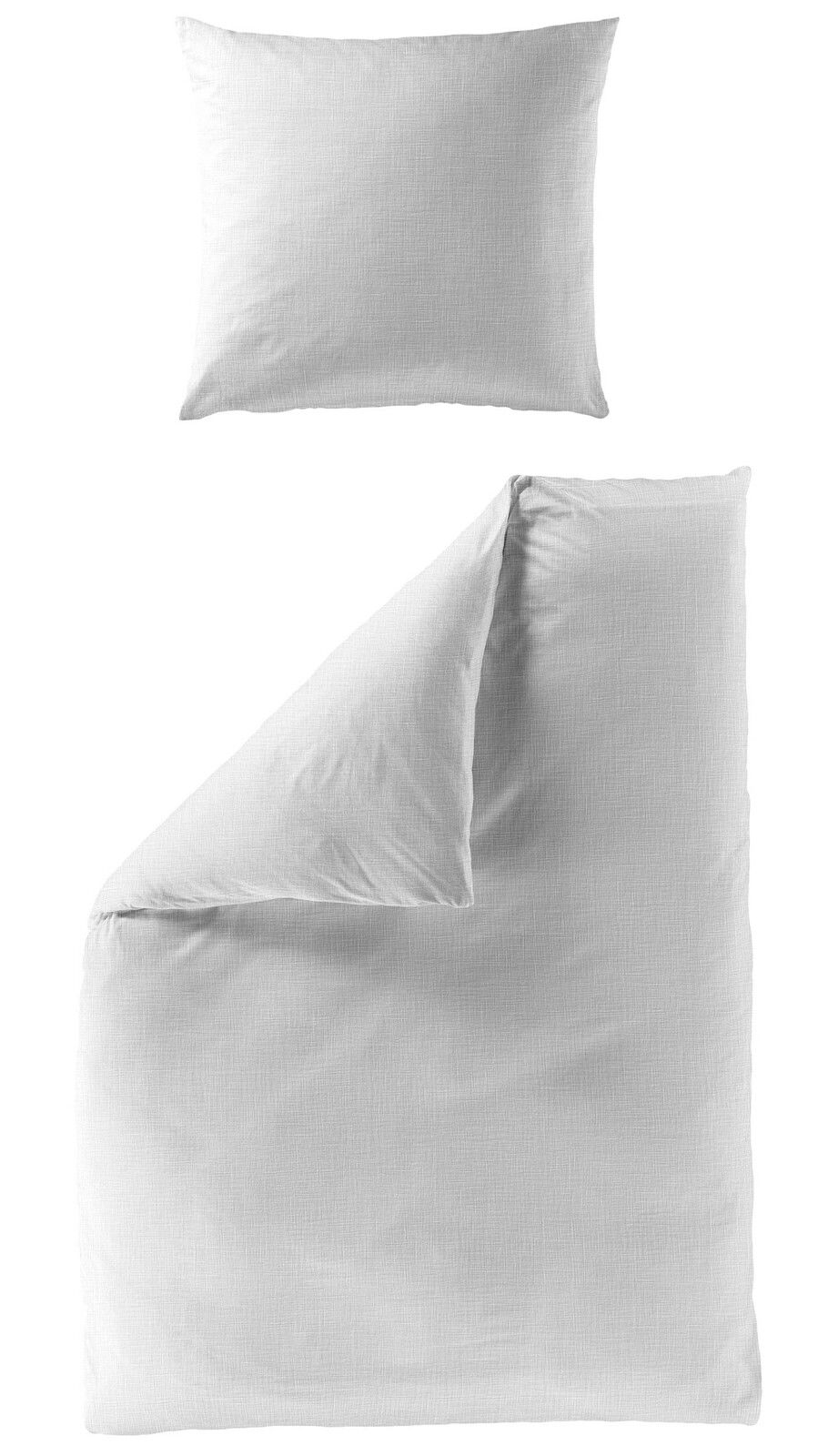 Bettwäsche-Set in Weiß, bestehend aus einem Kissenbezug und einem Bettdeckenbezug, aus der Vogelperspektive fotografiert.