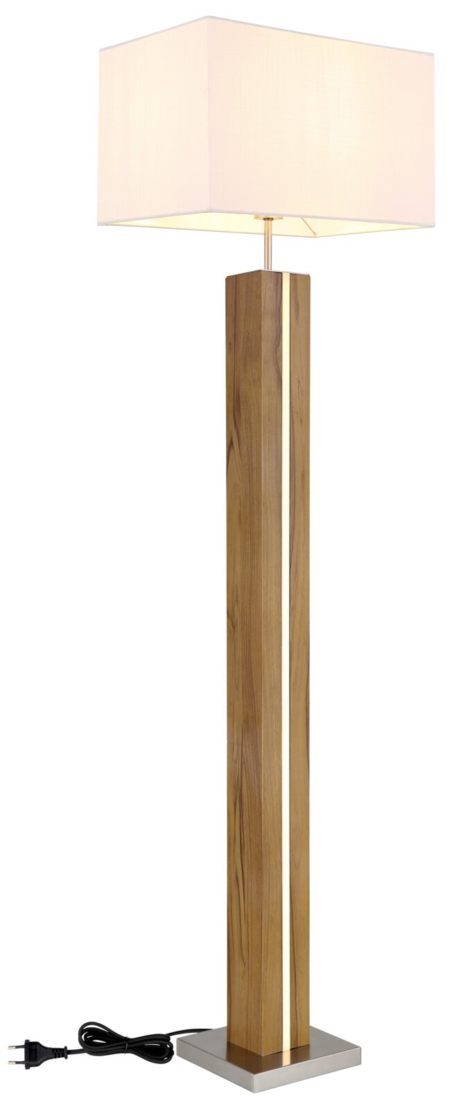 Moderne Tischlampe mit weißem quadratischem Stoffschirm, hohem Holzfuß mit vertikalem Lichtstreifen und quadratischer Metallbasis, frontale Produktansicht