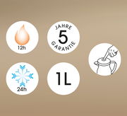 Isolierkanne mit 1 Liter Fassungsvermögen, hält Getränke 12 Stunden heiß und 24 Stunden kalt, 5 Jahre Garantie, Ansicht von oben mit Druckmechanismus.