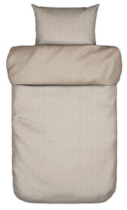 Bettwäsche-Set in Beige, bestehend aus einem Kissenbezug und einem Bettdeckenbezug, aus der Vogelperspektive fotografiert.