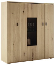 Helles Holz-Highboard mit Glaseinsatz, frontal fotografiert