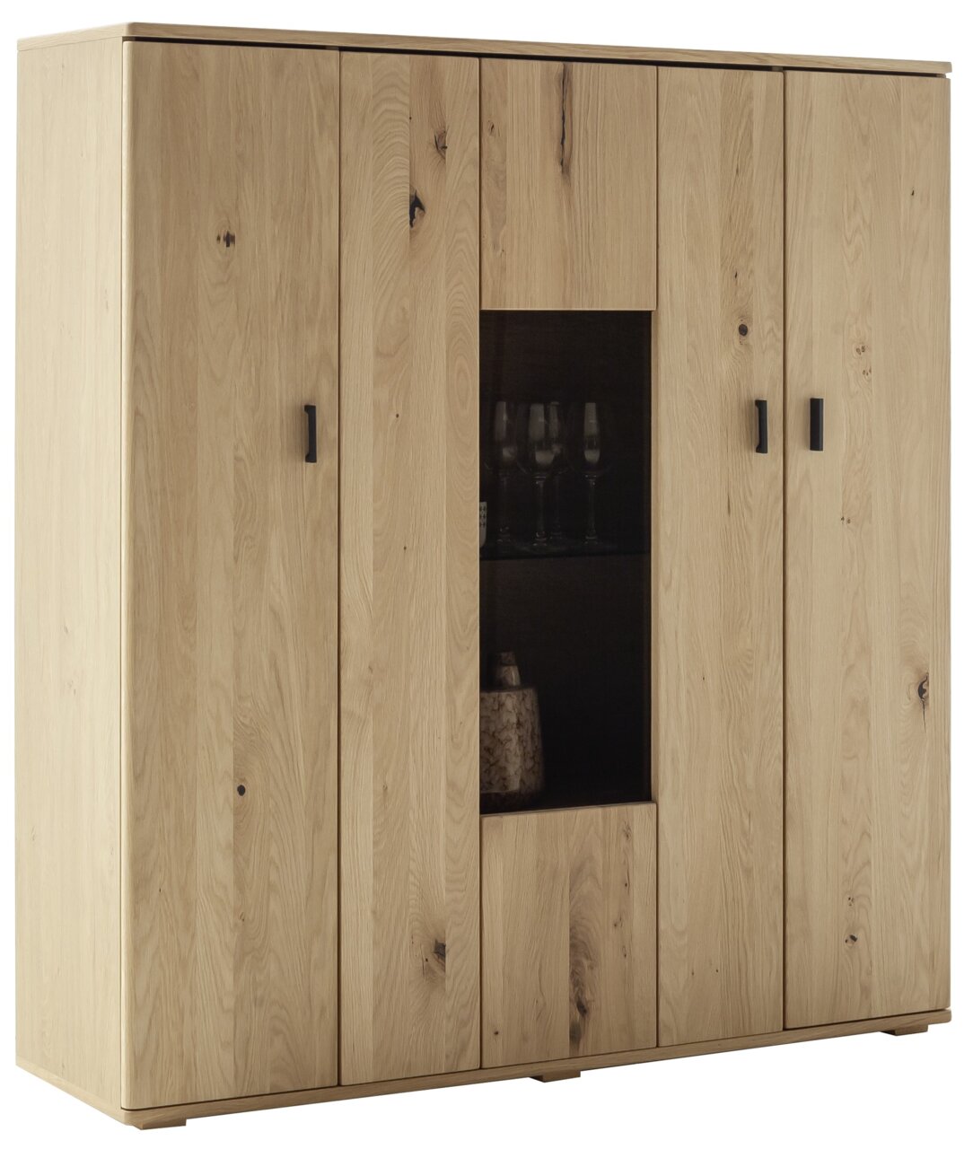 Helles Holz-Highboard mit Glaseinsatz, frontal fotografiert