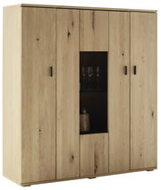 Helles Holz-Highboard mit Glaseinsatz, frontal fotografiert