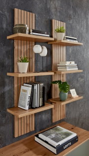 Wandpaneel mit Holzregalen, dekoriert mit Büchern und Pflanzen, seitliche Perspektive