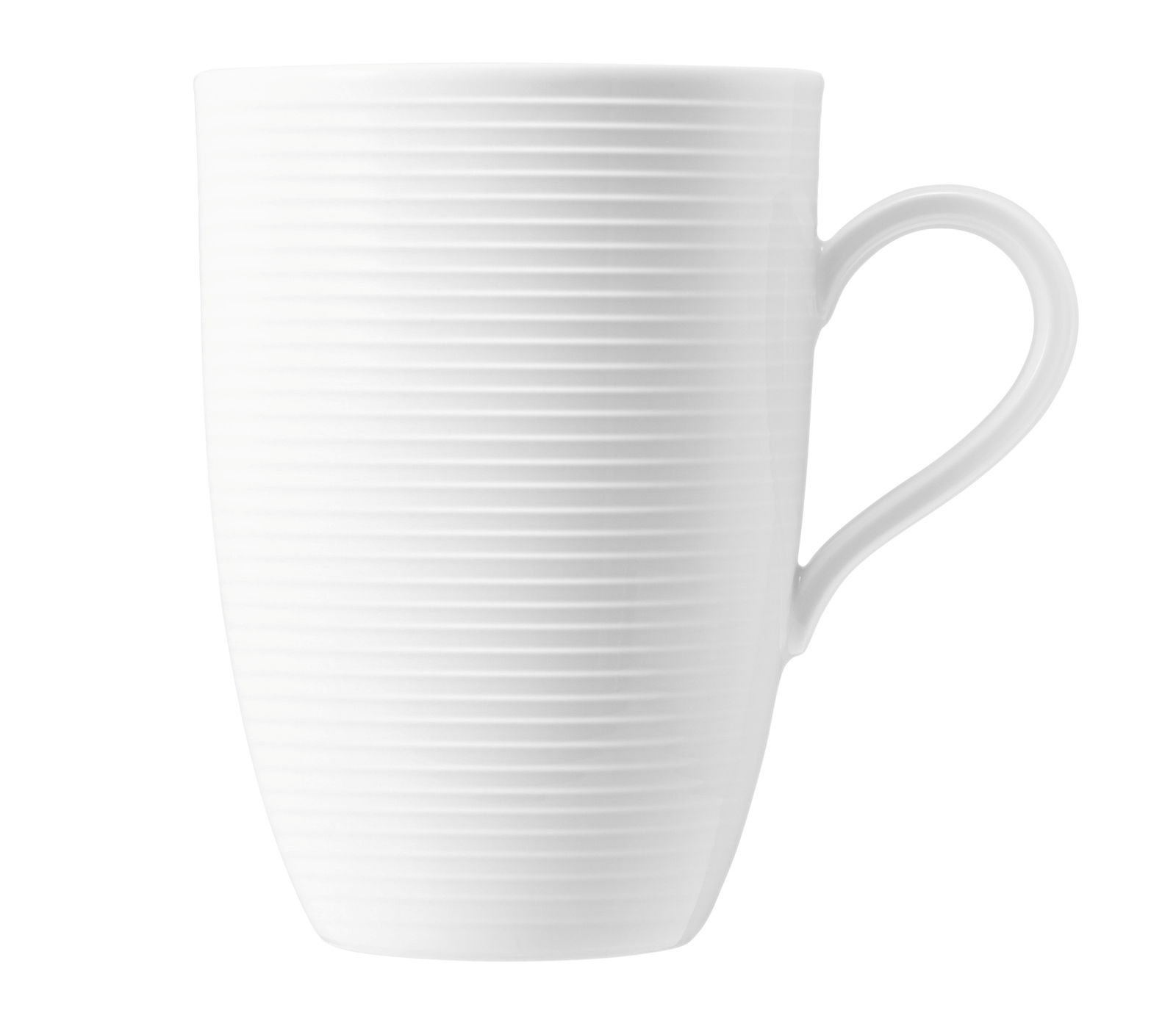 Seltmann Weiden Kaffeebecher BEAT Weißer Maxi-Becher mit Henkel, seitliche Ansicht, 0,45 l Fassungsvermögen, mit feiner Rillenstruktur.