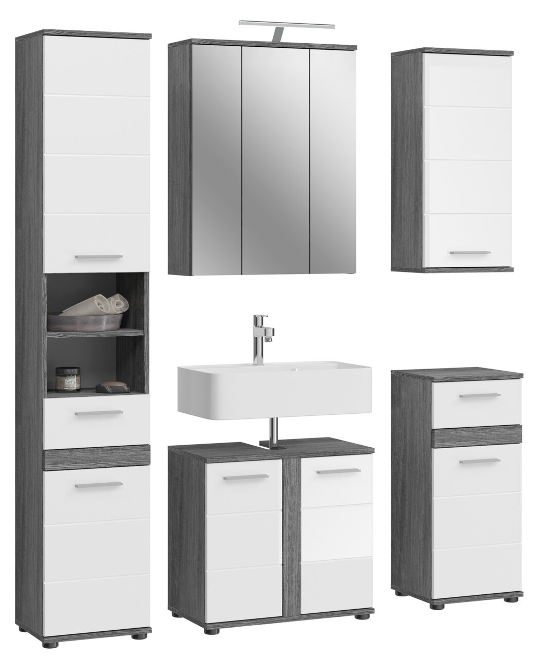 Moderne Badkombination mit Beleuchtung, bestehend aus einem Spiegelschrank, einem Waschbeckenunterschrank, einem hohen Schrank und einem kleinen Schrank, in Frontansicht.