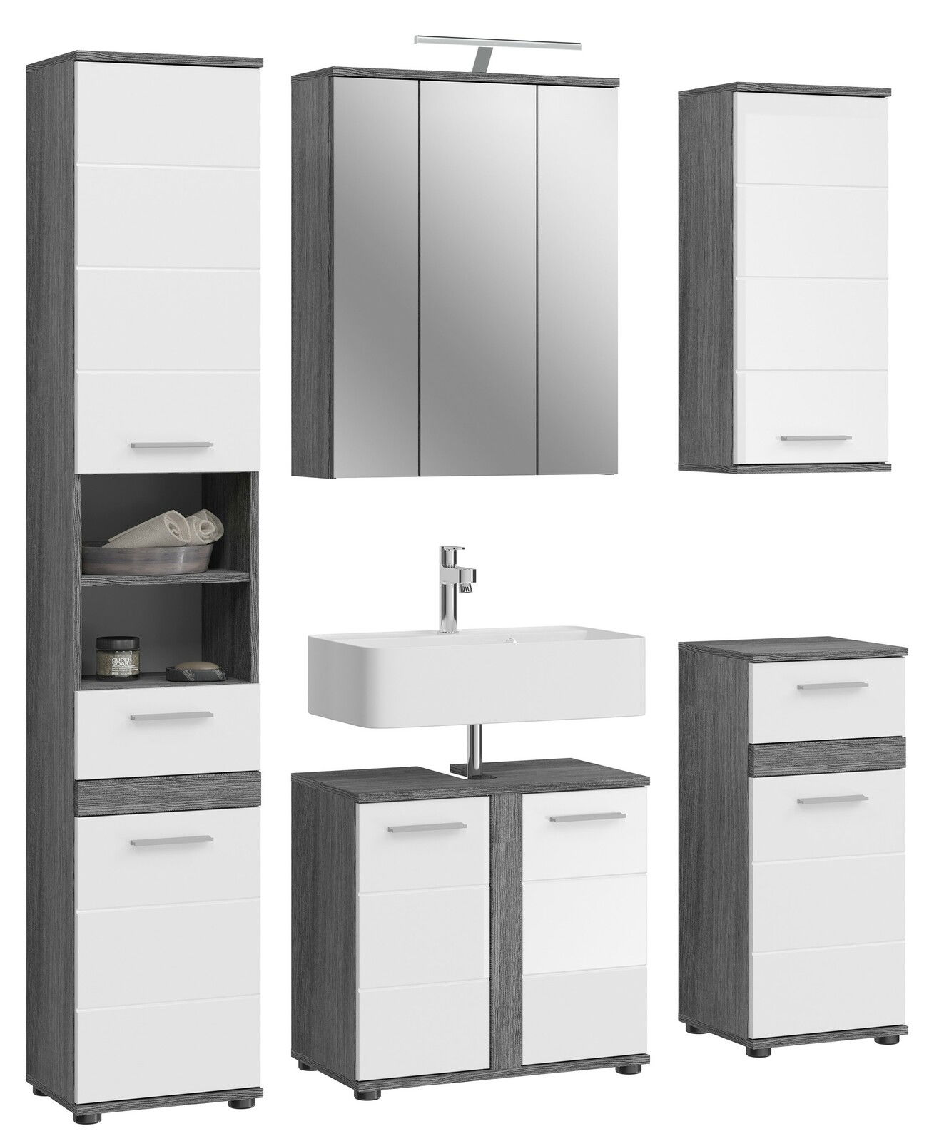 Moderne Badkombination mit Beleuchtung, bestehend aus einem Spiegelschrank, einem Waschbeckenunterschrank, einem hohen Schrank und einem kleinen Schrank, in Frontansicht.