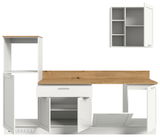 Küchenblock 260 in weiß mit Holzarbeitsplatte, bestehend aus mehreren Schränken und Regalen, Frontansicht