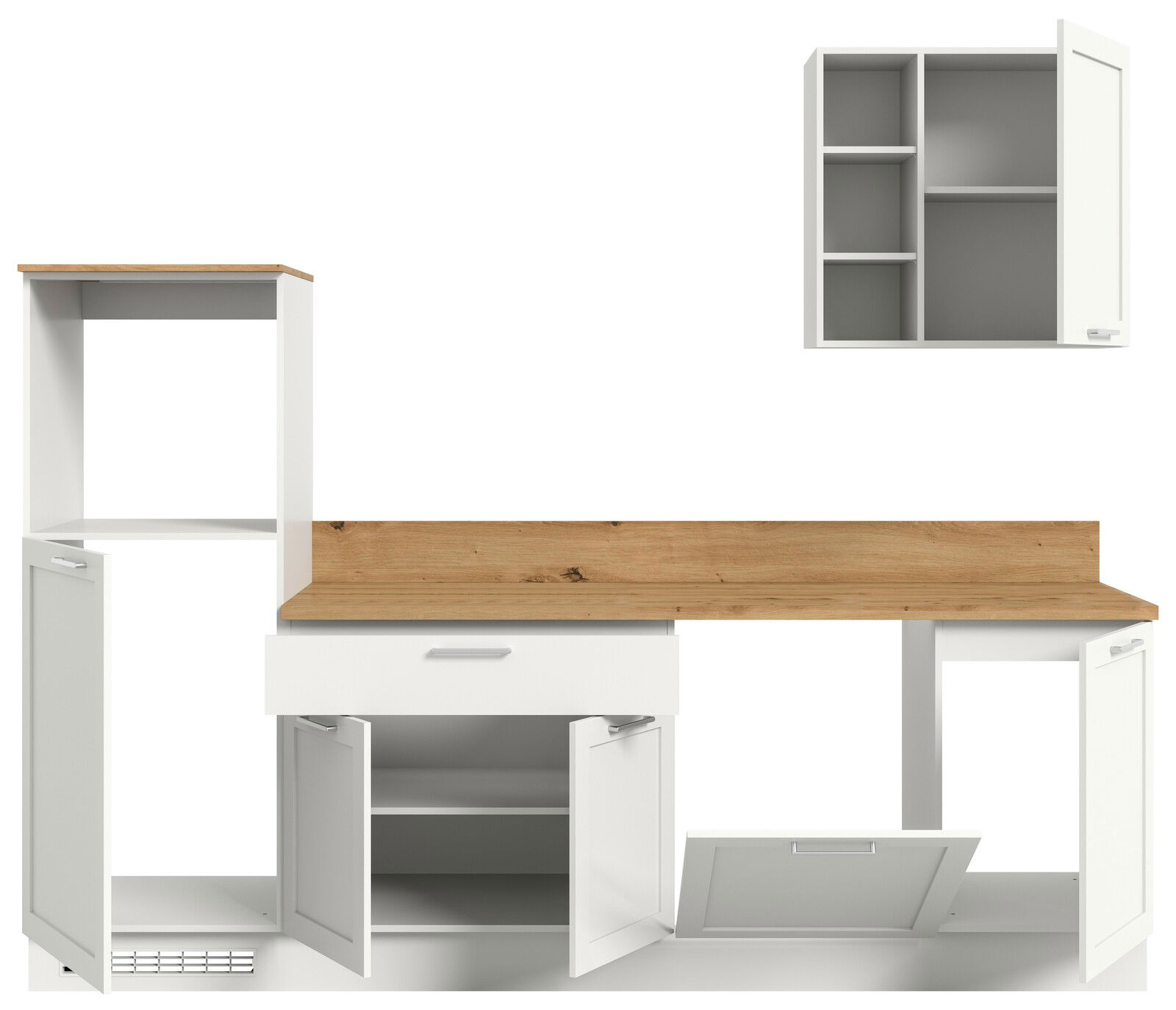 Küchenblock 260 in weiß mit Holzarbeitsplatte, bestehend aus mehreren Schränken und Regalen, Frontansicht