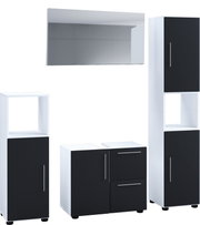 Modernes Badezimmermöbel-Set in Weiß mit schwarzen Fronten: Wandspiegel, Waschbecken-Unterschrank und zwei Hochschränke, frontal in leichter Schrägansicht von vorn auf weißem Hintergrund.