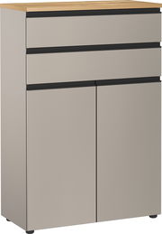 Moderner Aktenschrank mit zwei Schubladen und zwei Türen, Frontansicht, mit Holzoberfläche und grauen Fronten.