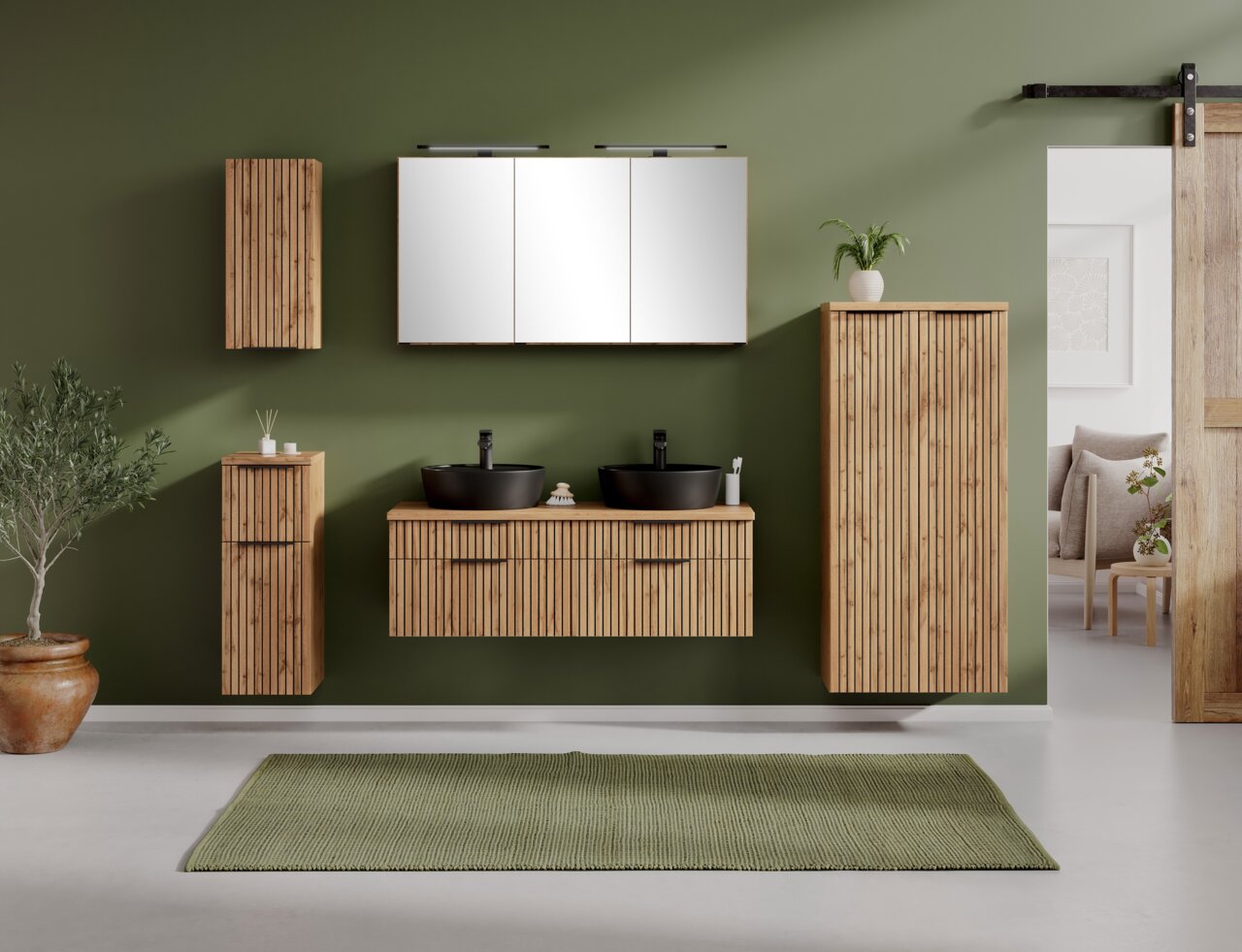 Moderner Hängeschrank aus Holz mit vertikalen Linien, Teil eines stilvollen Badezimmersets, frontal betrachtet.