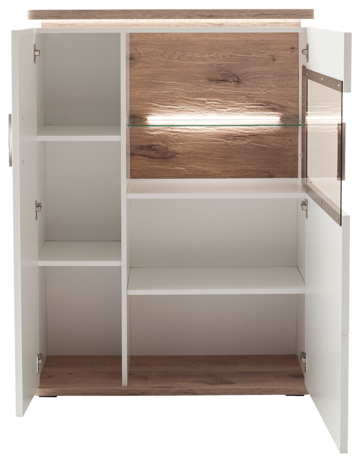 Geöffneter Vitrinen- bzw. Wohnzimmerschrank in Weiß mit Holzoptik-Rückwand und Glasboden, Innenansicht frontal von vorn