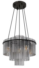 Moderne Hängeleuchte GORLEY mit mehreren Metallstäben und sichtbaren Glühbirnen, seitliche Perspektive