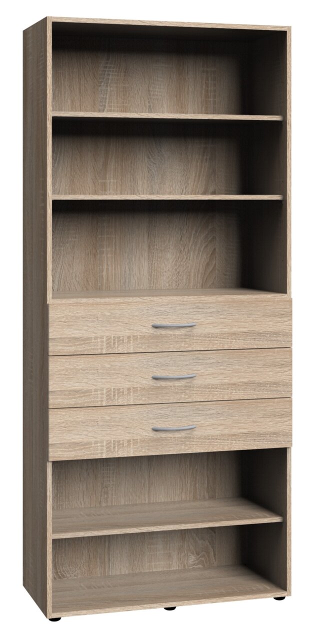 Hohes Regal aus Holz mit mehreren Regalböden und Schubladen, Frontalansicht