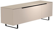 TV-Lowboard in modernem Design, seitliche Perspektive, mit hellen Fronten und schwarzen Metallfüßen.