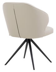 Rückansicht eines modernen Armlehnstuhls mit beigem Polster und schwarzen Metallbeinen.